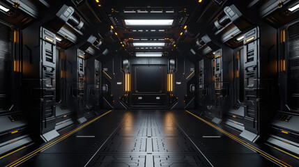 Futuristic corridor in spaceship, abstract dark room background, black garage in spacecraft. Theme of modern industrial interior, future, space, ski-fi