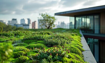 A green roof covered in vegetation on a sustainable building