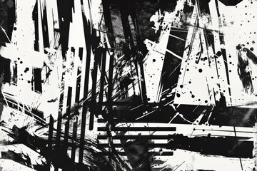 A black and white painting with splatters of paint and a lot of lines