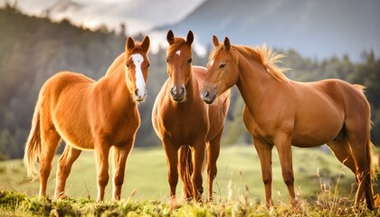 Majestic Trio: Young Stallions Roam the Verdant Pasture"