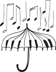 Sketch, an open umbrella in the rain with musical notes. The concept of a musical melody of rain