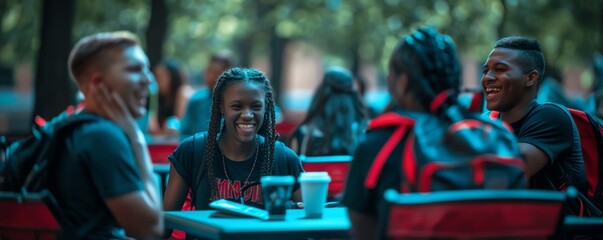 Fototapeta premium Diverse group of college students sitting at a table outside, laughing and talking.