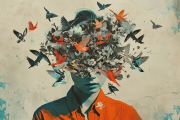 Obraz premium A woman's face is covered in birds, creating a surreal and dreamlike atmosphere