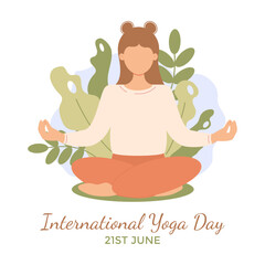 International Yoga day greeting card. Girl meditates in lotus position in nature. Banner, poster, postcard. Healthy lifestyle. Mental health