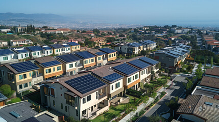 Aerial view of city with solar panels on rooftops of buildings. City skyline. Concept of sustainability and ecology.