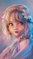 A stunning, highly-detailed anime portrait of a girl with a flower headband and piercing blue eyes