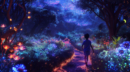 Kid walks on path in fantasy forest at night, magical neon glowing flowers on dark woods background. Theme of wonderland, light, fairy tale, child, park, garden