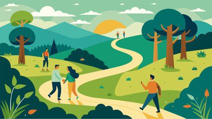 Navigating a winding trail through a peaceful grove lowimpact hikers take every step with care keenly aware of the importance of minimizing their. Vector illustration