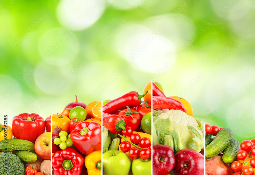 Sticker collage fruits and vegetables separated vertical lines on green blurred background.