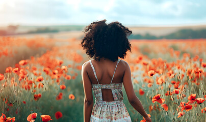 An African American woman walks through a field of red flowers. The field is full of flowers and the woman is the only person in the scene, she has her back turned.