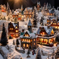 Christmas and New Year miniature village with trees and houses in the snow