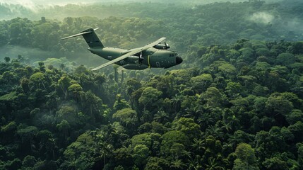 Obraz premium Military helicopter flying over the jungle. 3d render. Flying in the air.