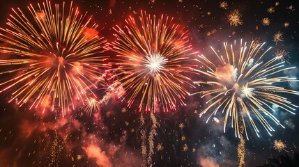 A grand finale of fireworks with dazzling reds and golds illuminating the dark night sky, perfect for festive celebrations
