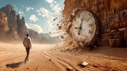 Brocken clock in rocky desert, surreal scene with man, motion of sand, sky and dial in summer. Concept of time, art, history, movement, nature, warming