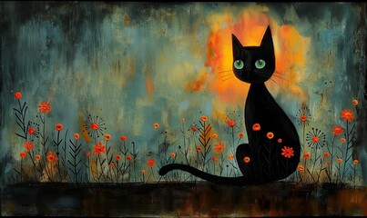 Illustration of a black cat in flowers.