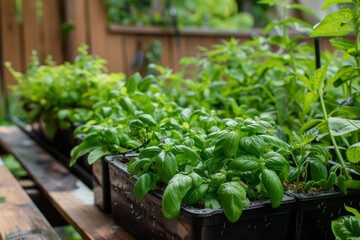 Fresh basil plants growing in black plastic pots on a wooden shelf