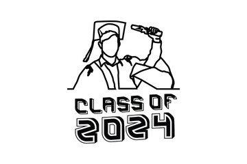 Lettering text class of 2024 with line art graduation people illustration