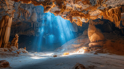 Beautiful karst cave inside mountain, entrance of cavern with geological structures and light. Theme of travel, wild nature, subterranean, landscape, opening