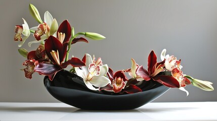 a sophisticated centerpiece featuring orchids and lilies, set in a sleek black ceramic vase,...