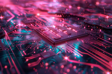 Obraz premium A computer chip with a purple background and orange lines