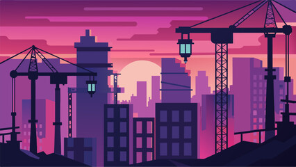 Large cranes towering over the construction site their dark silhouettes etched against the pink and purple hues of the dawn sky.. Vector illustration