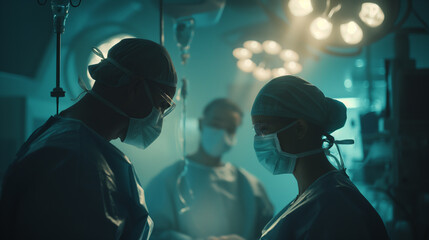 Against the backdrop of a bustling hospital operating theater, a doctor and nurse form a dynamic duo, their expertise and teamwork on full display as they tackle complex surgical p