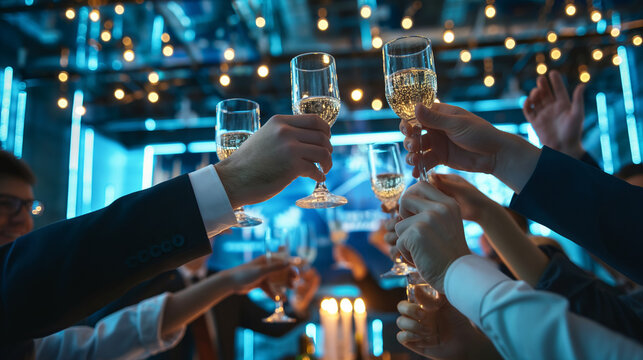Within the lively atmosphere of a company party, the sales team raises a toast to their outstanding performance, their camaraderie and teamwork evident in their jubilant expression