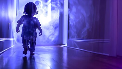 Spooky child glimpsing ghostly figure in moonlit haunted house hallway. Concept Horror Photography, Haunted House Theme, Child Model, Ghostly Figure, Moonlit Setting - obrazy, fototapety, plakaty