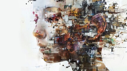 Fototapeta premium A woman's face is made up of many different pieces of paper