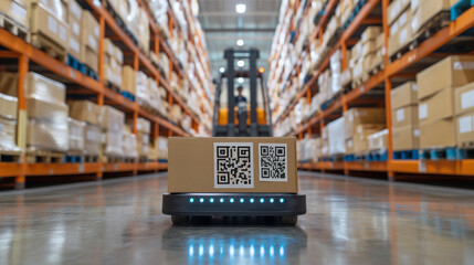 Within the confines of a high-tech distribution center, robotic forklifts navigate aisles stacked with cardboard boxes labeled with QR codes, demonstrating the precision and speed