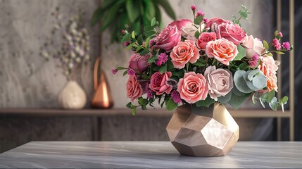 a striking arrangement of roses and peonies, arranged in a modern geometric vase, infusing a contemporary edge into your floral decor. 