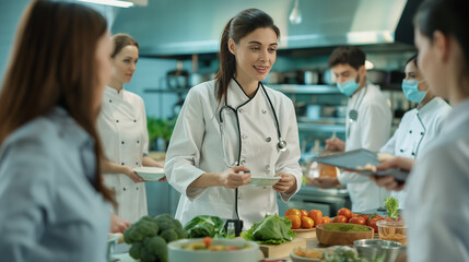 Against the backdrop of a hospital cafeteria, a confident nutritionist leads a group of patients through a cooking demonstration, while attentive medical staff offer guidance and s
