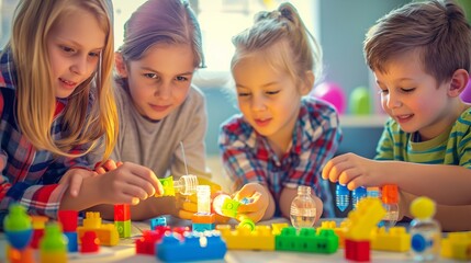 Naklejka premium Children play together with plastic toys, fostering social skills and problem-solving abilities through enjoyable and collaborative experiences.