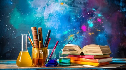 Science classroom desk equipped with pens, books, a conical flask and various learning tools for engaging and interactive scientific exploration.