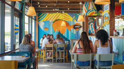 Within the casual atmosphere of a beachside burger shack, diners unwrap their meals to reveal burger wrappers featuring vibrant seaside motifs and colorful illustrations, capturing