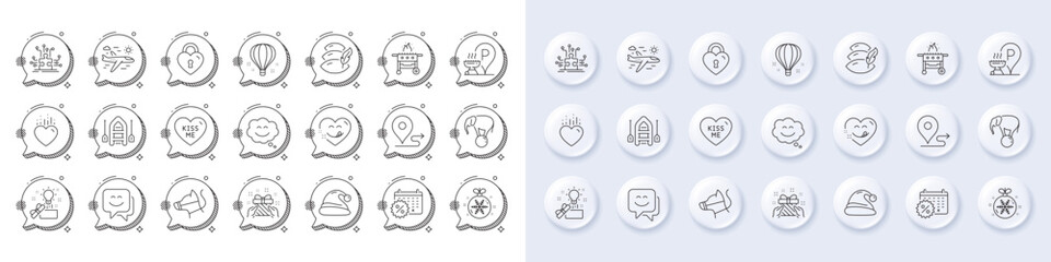 Kiss me, Journey and Dog leash line icons. White pin 3d buttons, chat bubbles icons. Pack of Creative idea, Airplane travel, Gift icon. Pillow, Boat, Smile face pictogram. Vector