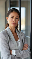 Obraz premium A woman in a gray jacket and white shirt stands in front of a window