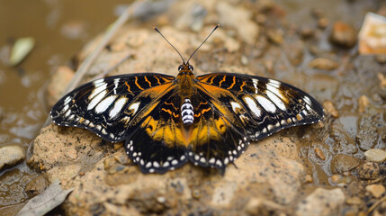 Fototapeta premium Orange and Black Butterfly Resting on Wet Pebbles by a Water Body