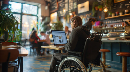 Amidst the hustle and bustle of a busy cafe, a person with hearing impairment uses assistive technology to engage with email communication, demonstrating the power of inclusive des