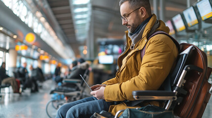 Obraz premium Within the confines of a bustling airport terminal, a traveler with diverse abilities utilizes assistive technology to stay connected through email communication, exemplifying the