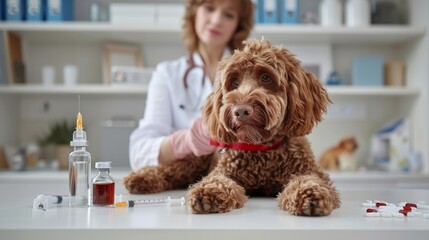 doctor veterinarian treats Labrador dog on white table at veterinary clinic, pet health, inoculation