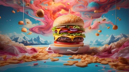 An innovative wallpaper design merges a surreal concept with vibrant, melting aesthetics, showcasing a creative burger theme. With ample blank space for text, it offers an ideal backdrop for customiza - obrazy, fototapety, plakaty