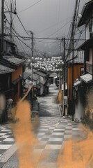 Fototapeta na wymiar a serene sunrise over a traditional Japanese beautiful streetscape in Kyoto
