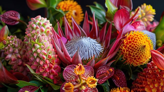 a stunning composition of rare and exotic blooms, such as proteas, bird-of-paradise, and anthuriums, boasting a tropical allure and commanding attention with their unique shapes and colors.