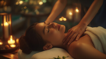 In the serene ambiance of a luxurious spa, a young woman lies on a plush massage table, her eyes closed in bliss as skilled hands work to knead away tension and stress. The soft gl