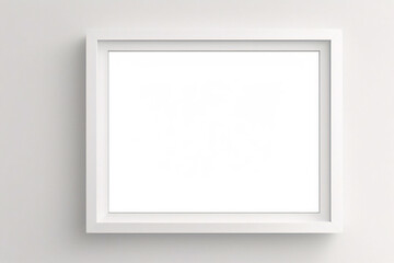 Fototapeta premium Weißes Rahmenmodell im Innenraum auf weißem Wandhintergrund. Vorlagenrahmen für Text. Poster-Attrappe. Rechteckiges Wandbild oder Fotorahmen-Attrappe