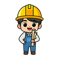 cartoon construction worker holding floor plan