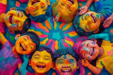 Obraz premium Joyful Holi celebration scene with happy faces and vibrant colors