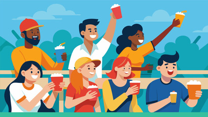 Parents and friends gathered on bleachers sipping cold drinks and proudly rooting for their favorite softball players.. Vector illustration