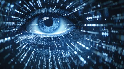 A highly detailed and futuristic image of a human eye, integrated with digital data streams in a blue, luminous environment.